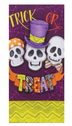 Halloween-themed decorative paper with skulls, top hats, and candy corn on a purple background.