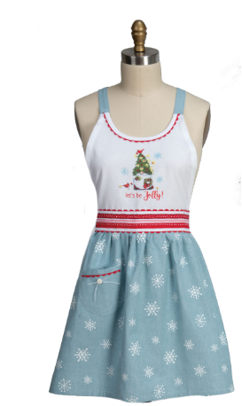 Christmas-themed apron on a mannequin with snowflake pattern
