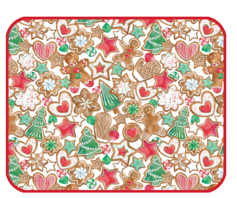 Pattern of Christmas cookies on a red border