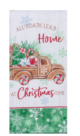 Decorative towel with Christmas truck and candy theme on a white background