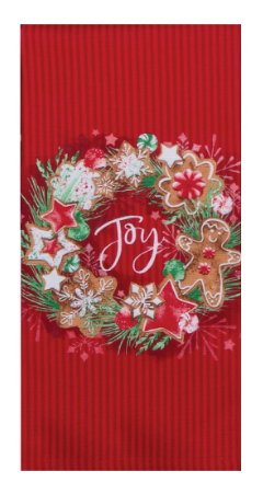 Red towel with Christmas-themed design featuring cookies and 'Joy' text on a red background