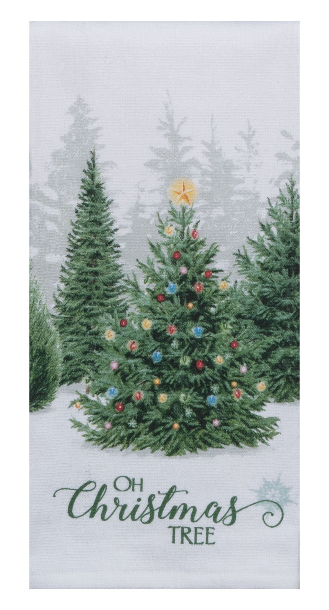 Decorative towel with Christmas tree design and 'Oh Christmas Tree' text on a light background