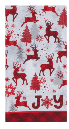 Christmas-themed towel with reindeer, trees, and 'JOY' text on a white background.