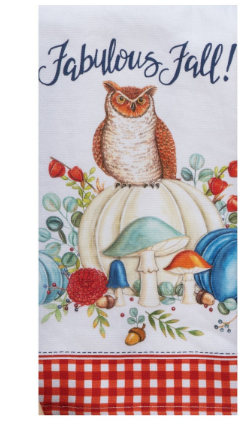 Decorative towel with an owl on a pumpkin and fall-themed design, featuring the text 'Fabulous Fall!'.