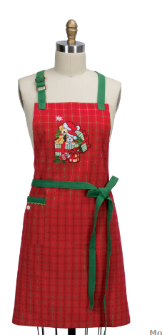 Red plaid apron with green accents on a mannequin against a white background