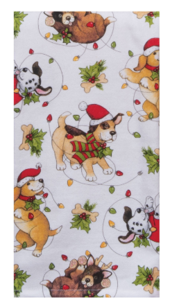 Fabric with Christmas-themed pattern of dogs wearing Santa hats and holly leaves.