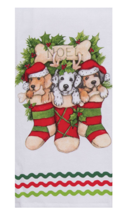 Decorative towel with Christmas-themed design featuring dogs in red and green outfits.