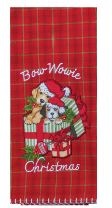 Red plaid towel with Christmas-themed design featuring dogs and presents.