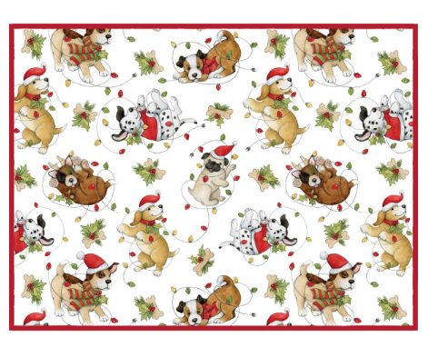 Pattern of Christmas-themed dogs with Santa hats and holiday decorations on a white background.