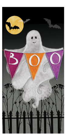 Ghost holding 'BOO' flags with bats and a moon in the background