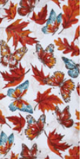 Pattern of red and orange leaves with blue butterflies on a white background