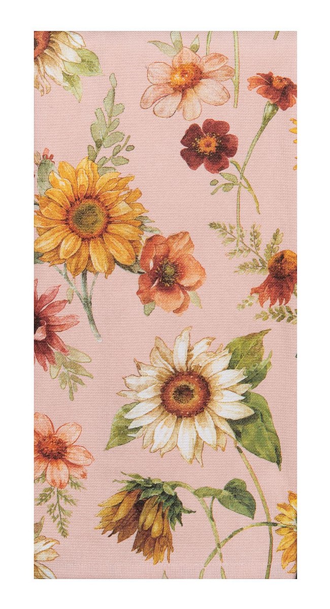 Floral pattern with sunflowers and other flowers on a pink background