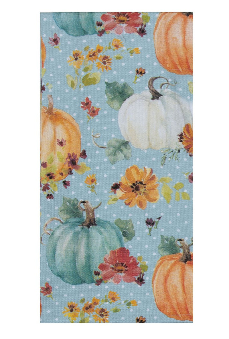 Colorful pumpkin and floral pattern on a blue background
