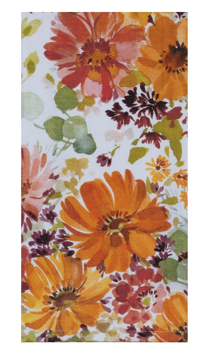 Floral patterned fabric with orange, pink, and green flowers on a white background