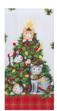 Festive towel with cats around a Christmas tree design on a white background