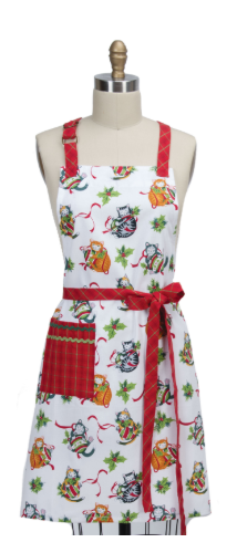 Christmas-themed apron with red accents on a mannequin