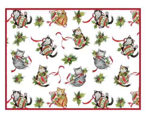 Pattern of cats with Christmas ribbons and holly leaves on a white background