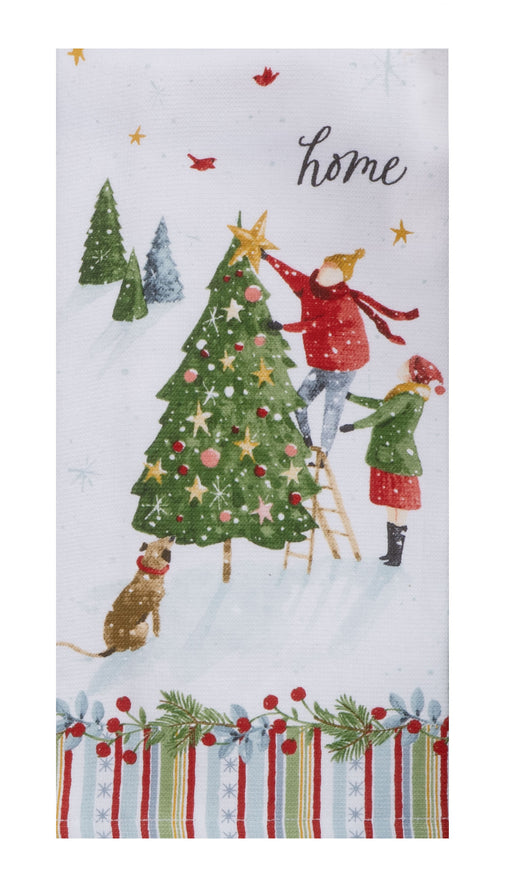 Festive towel with children decorating a Christmas tree and the word 'home'.