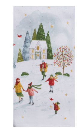 A towel with a winter scene featuring a house, trees, and people engaging in winter activities.