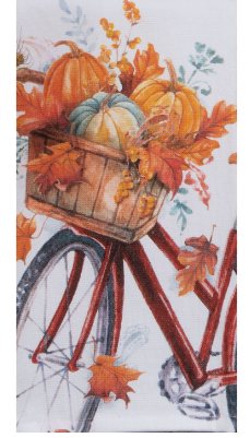 Decorative fabric with pumpkins, leaves, and a bicycle on a white background