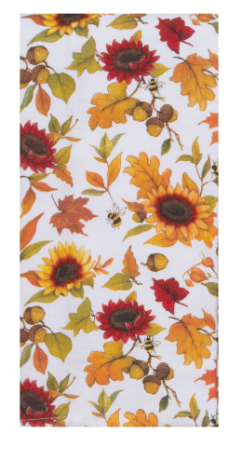 A dual-purpose terry towel with a fall-themed harvest sunflower pattern on a white background, featuring a flat weave front for drying glassware and an absorbent terry cloth back for everyday kitchen tasks.
