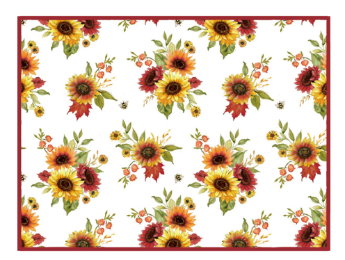 Pattern of sunflowers and other flowers on a white background with a red border.