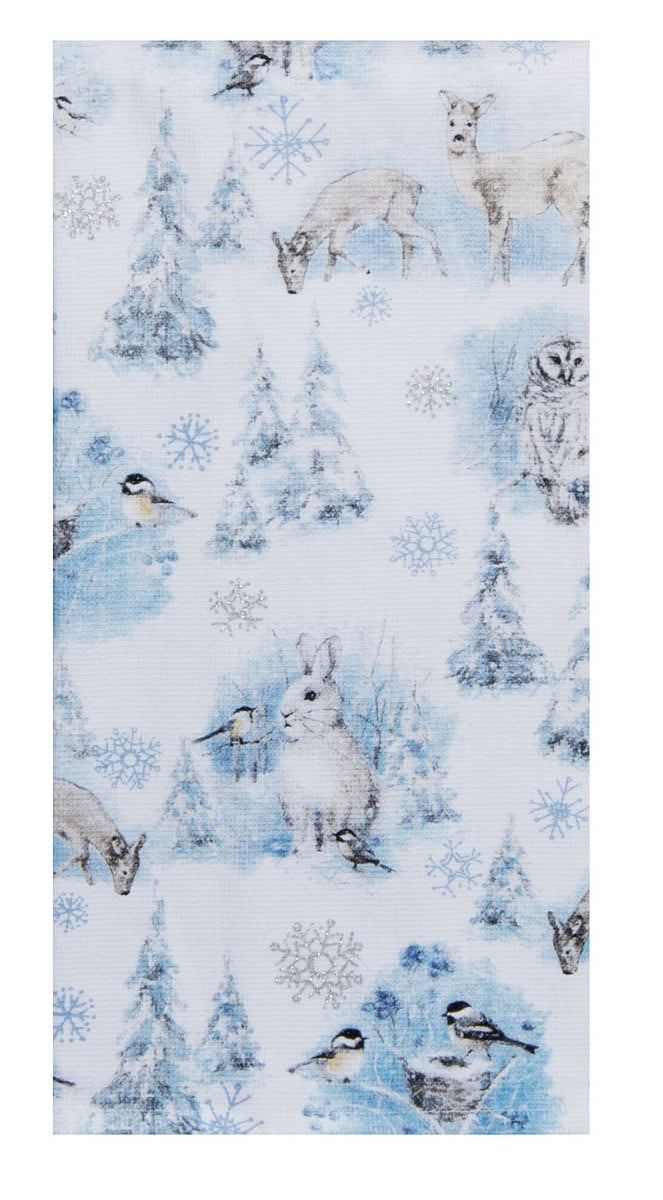 Winter-themed fabric with snowflakes, trees, and animals on a white background
