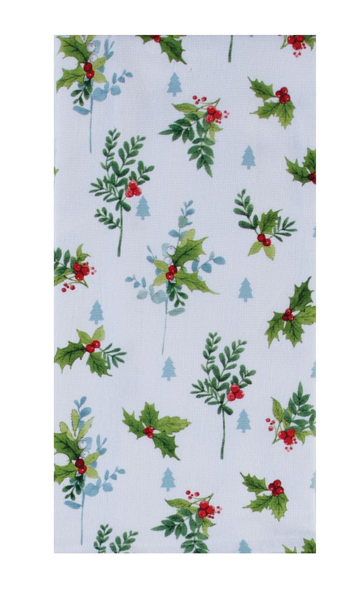 Festive fabric with holly and berry pattern on a white background