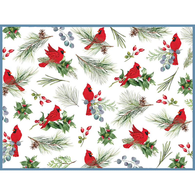 Pattern of red cardinals, greenery, and berries on a white background