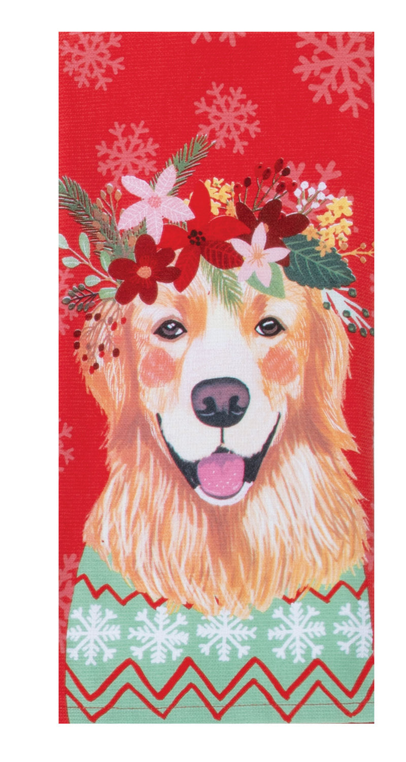 Dog with floral crown on a red background with snowflakes
