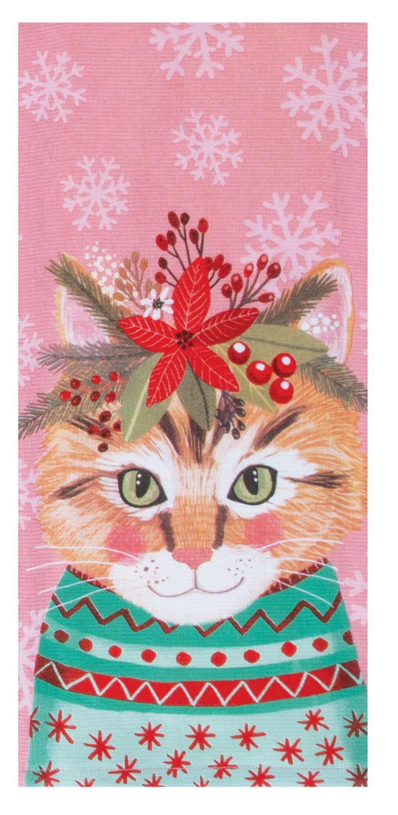 Cat with festive decorations on a pink background with snowflakes
