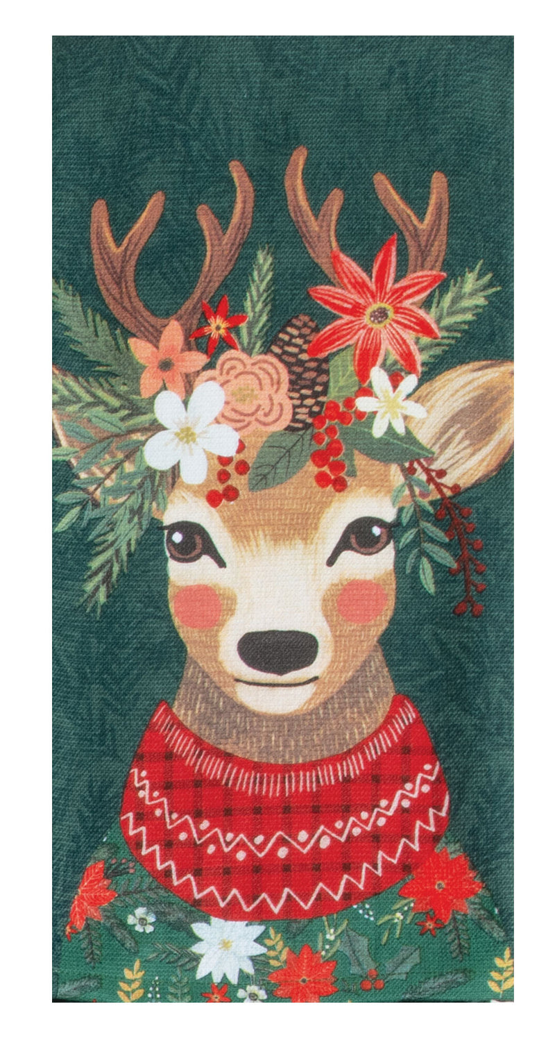 Decorative towel with a deer wearing a red sweater and floral antlers on a green background