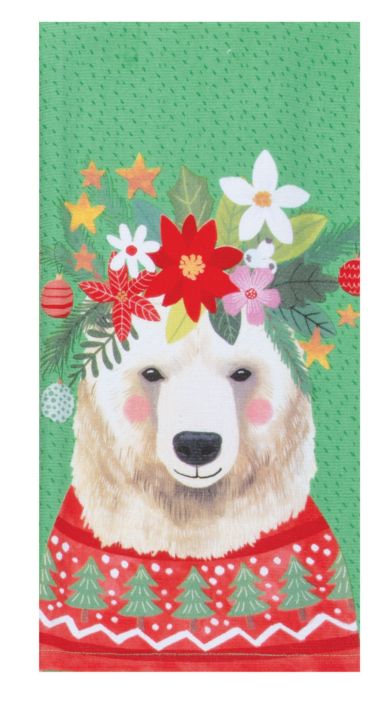 Towel with a bear wearing a Christmas sweater and floral headband on a green background