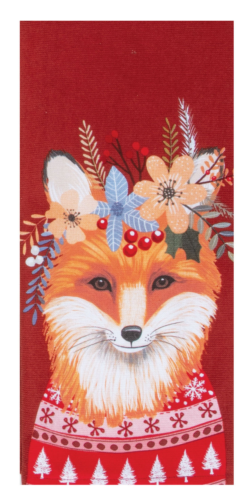 Towel with a fox design on a red background