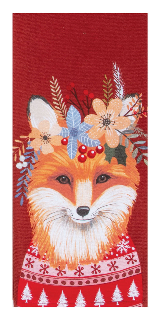 Towel with a fox design on a red background