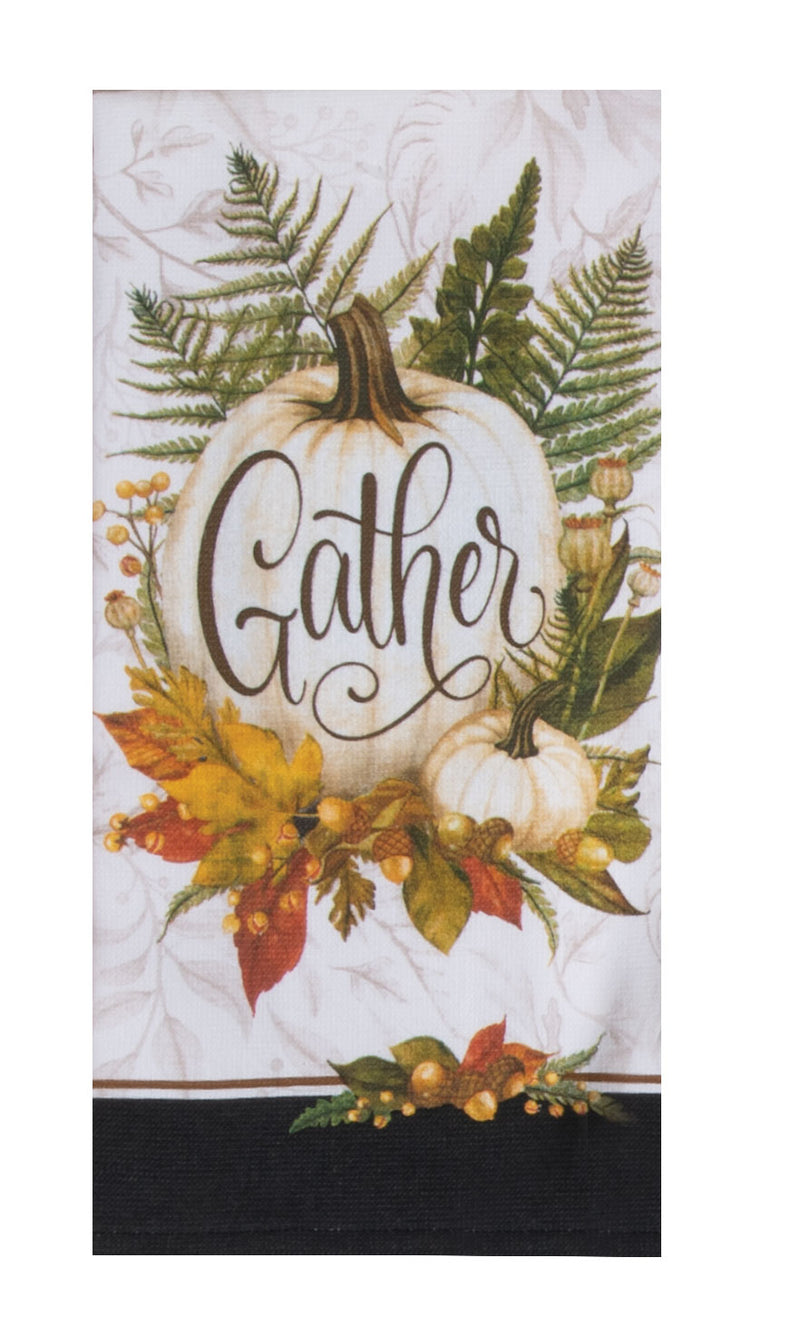 Decorative kitchen towel with pumpkins and the word 'Gather' on a white background