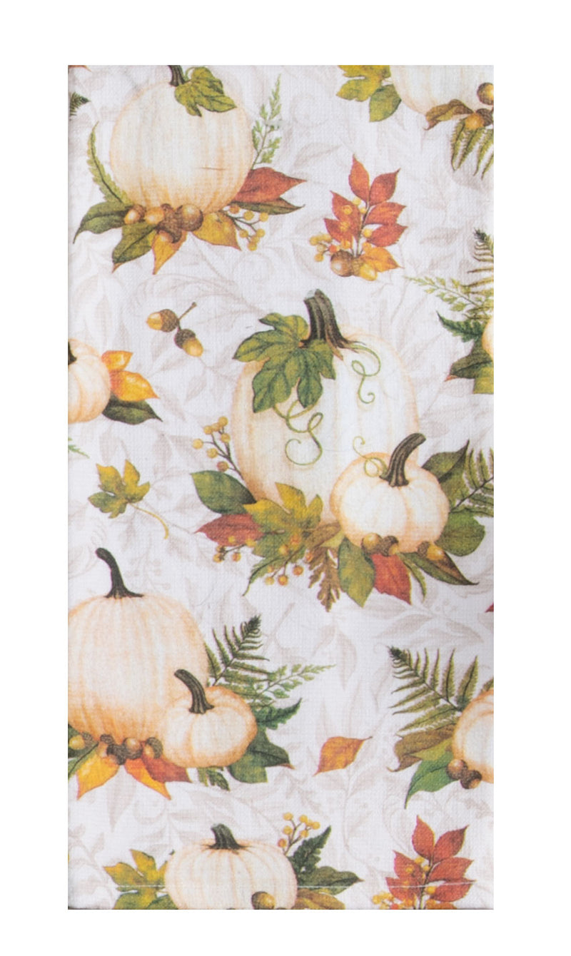 Decorative towel with pumpkins and autumn leaves on a white background