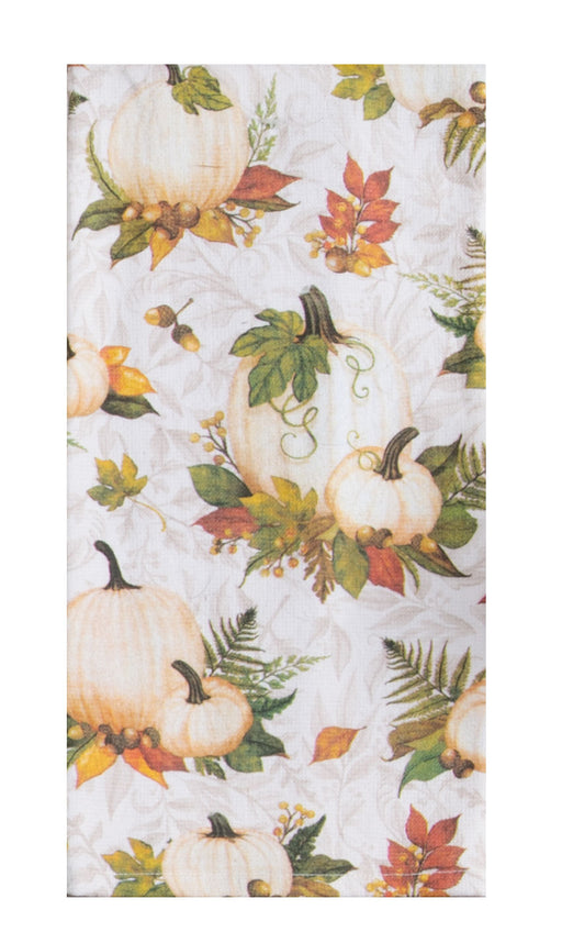 Decorative towel with pumpkins and autumn leaves on a white background