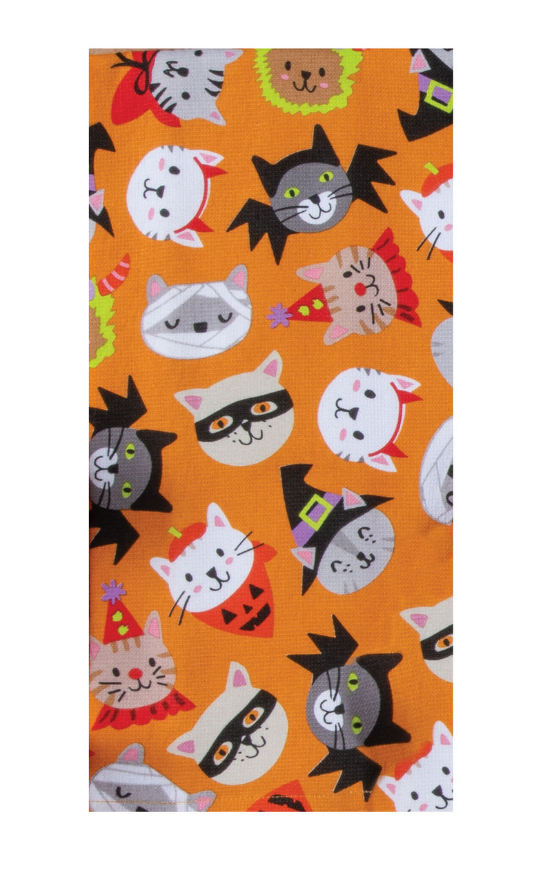 Pattern of cats in Halloween costumes on an orange background