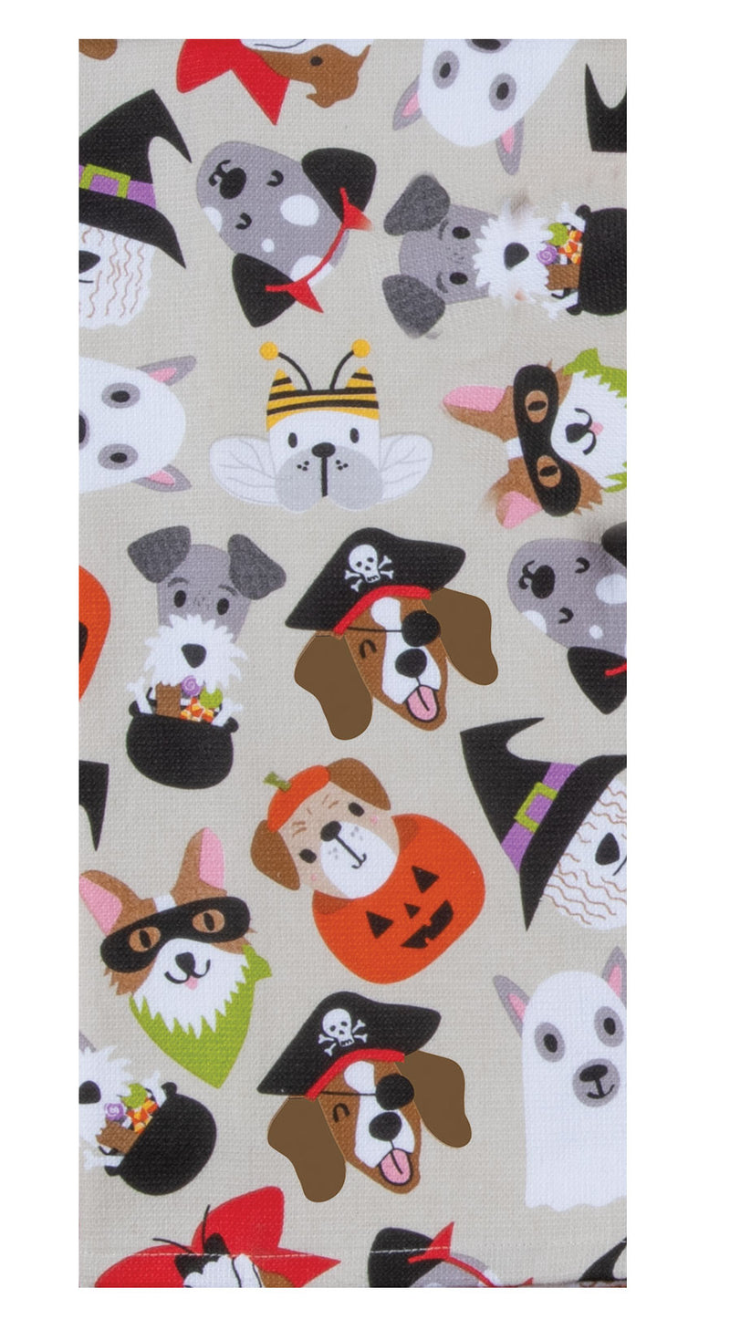 Patterned fabric with dogs in various costumes on a beige background