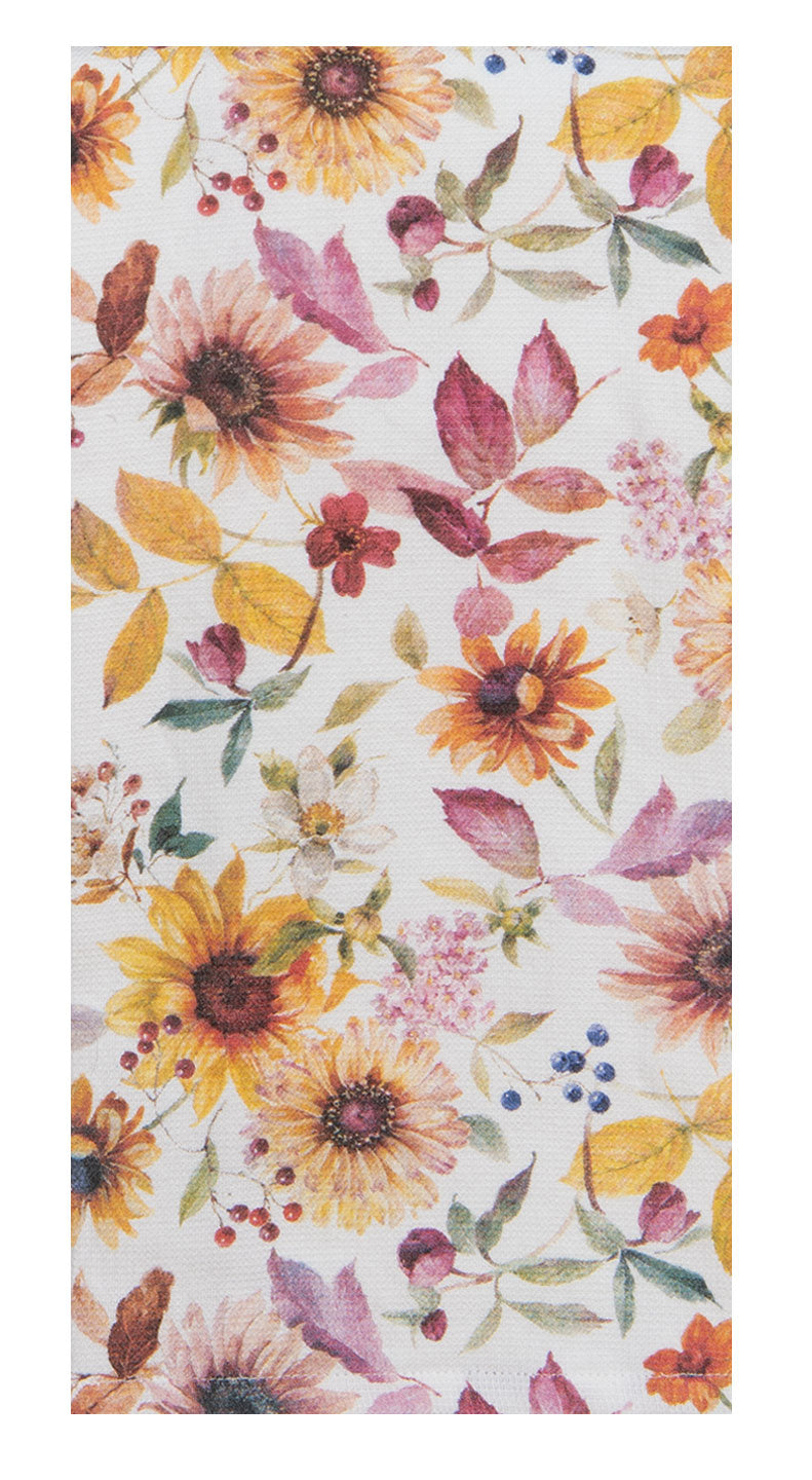 Floral pattern with sunflowers and other flowers on a white background