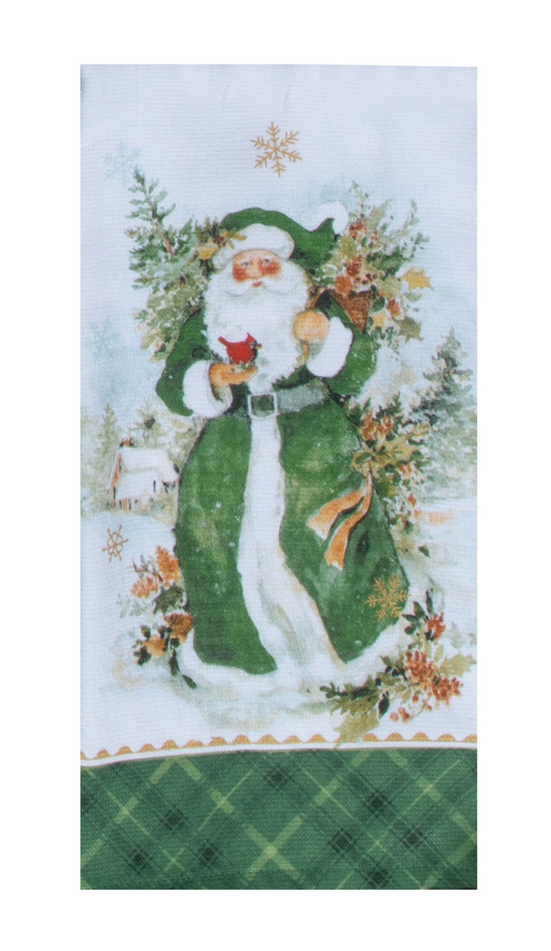 Decorative towel with a festive design of a Santa Claus figure surrounded by flowers and greenery.