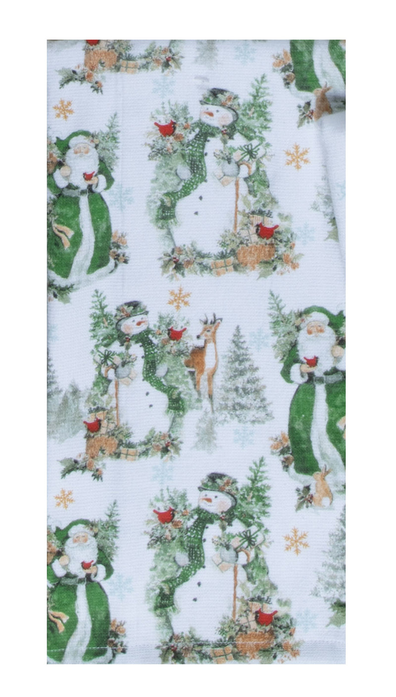 Christmas-themed fabric with snowmen, Santa Claus, and winter scenery on a white background