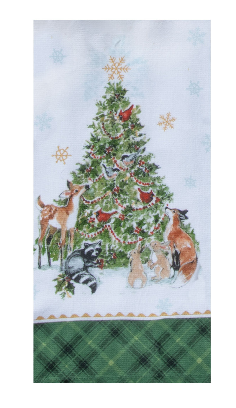 Decorative towel with a Christmas tree and animals design on a white background.