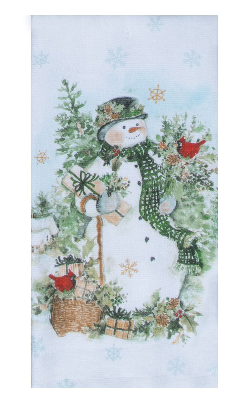 Decorative towel with a snowman design holding a basket and surrounded by winter elements on a light blue background.