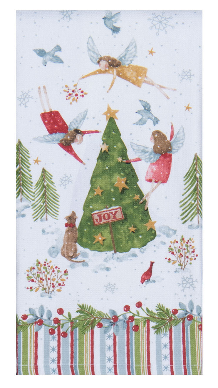 Christmas-themed fabric with fairies, trees, and 'Joy' sign on a white background