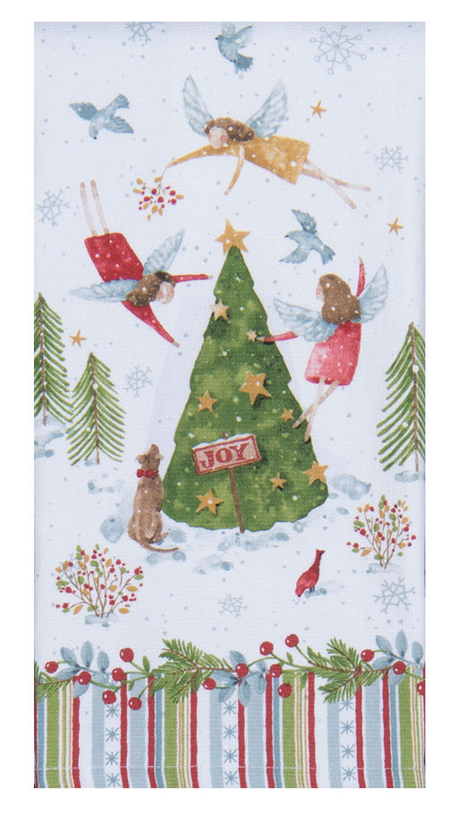 Christmas-themed fabric with fairies, trees, and 'Joy' sign on a white background