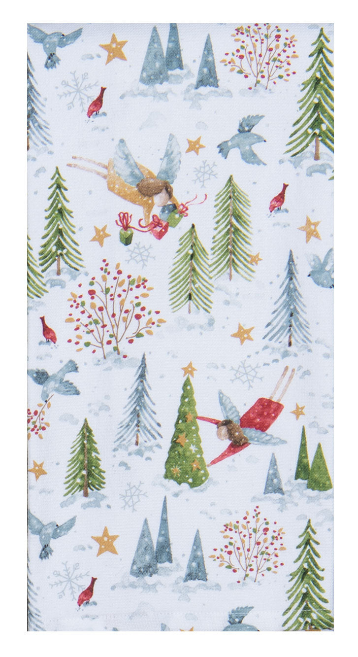 Patterned fabric with Christmas trees, reindeer, and stars on a white background