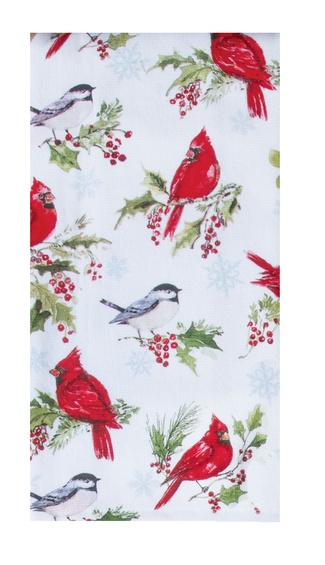 Patterned fabric with red cardinals, blackbirds, and holly berries on a white background