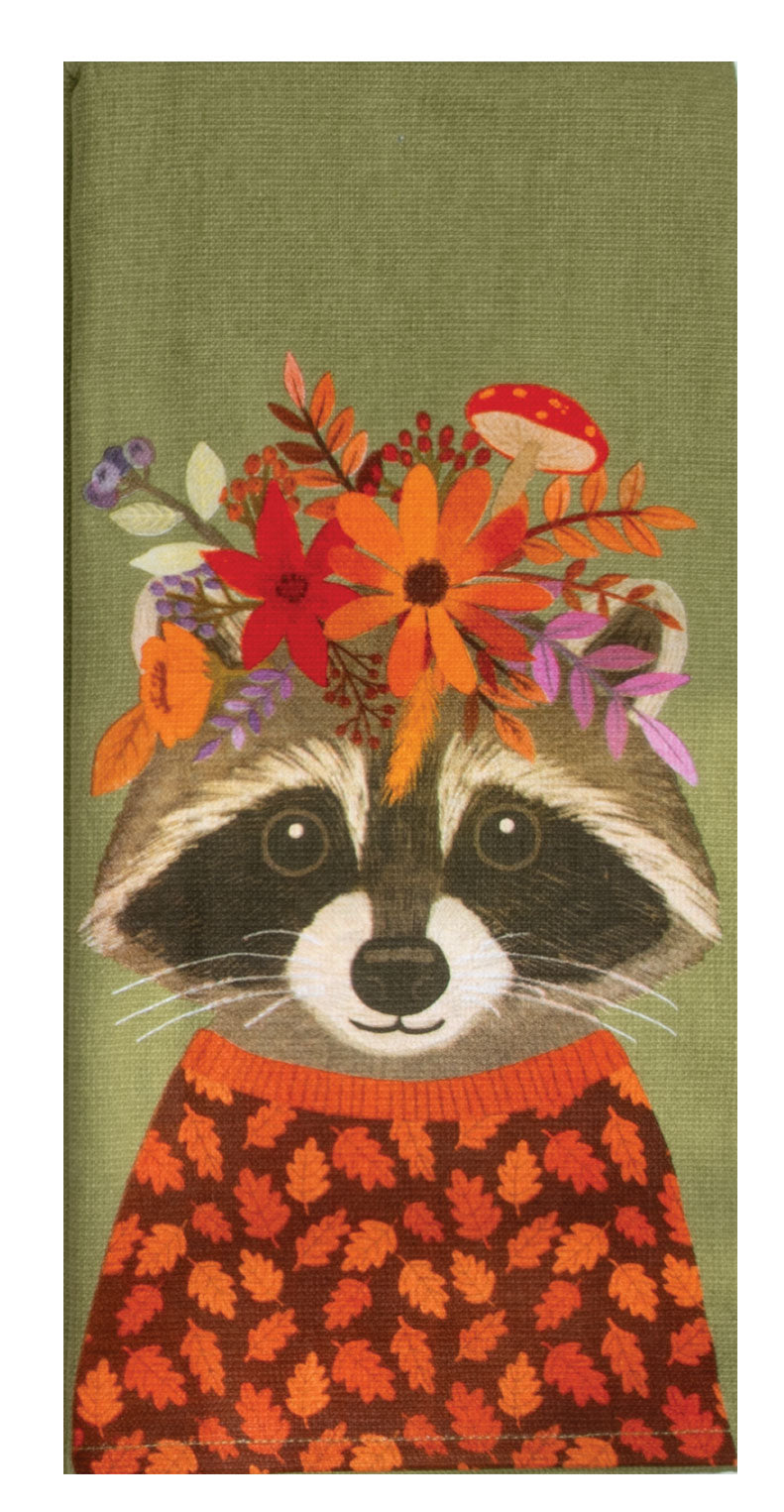 Raccoon illustration with autumn-themed elements on a green background